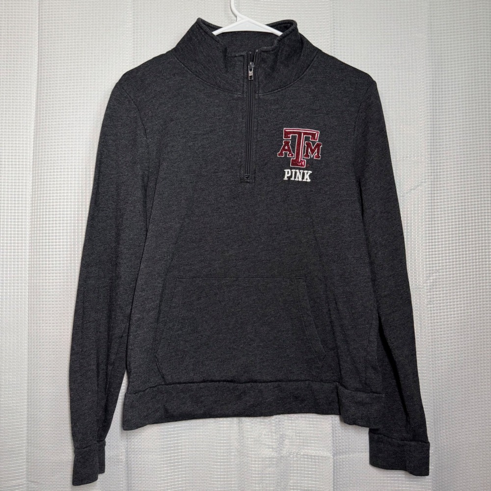 PINK Victoria's Secret Texas A&M Pullover M Gray Sequin Quarter‎ Zip Sweatshirt